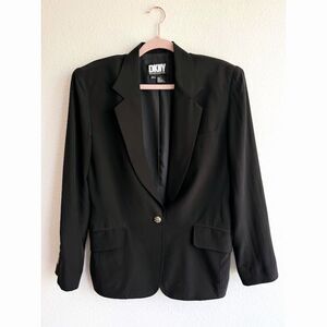 Vintage DKNY 100% Silk Notch Collar Blazer in Black with Gold Button size 4